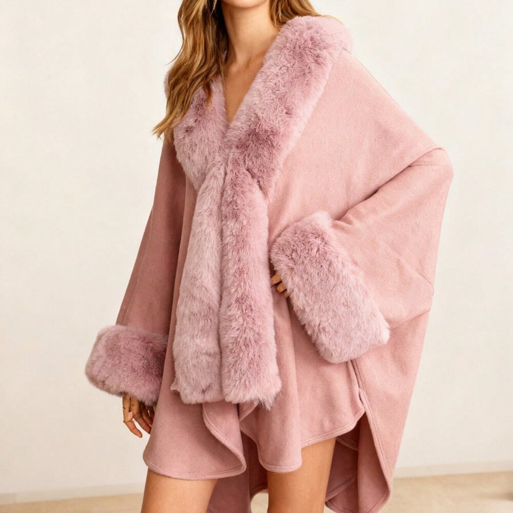 Pink Elegant Women's Warm Soft Faux Fur Shawl Poncho - Picture 5 of 5